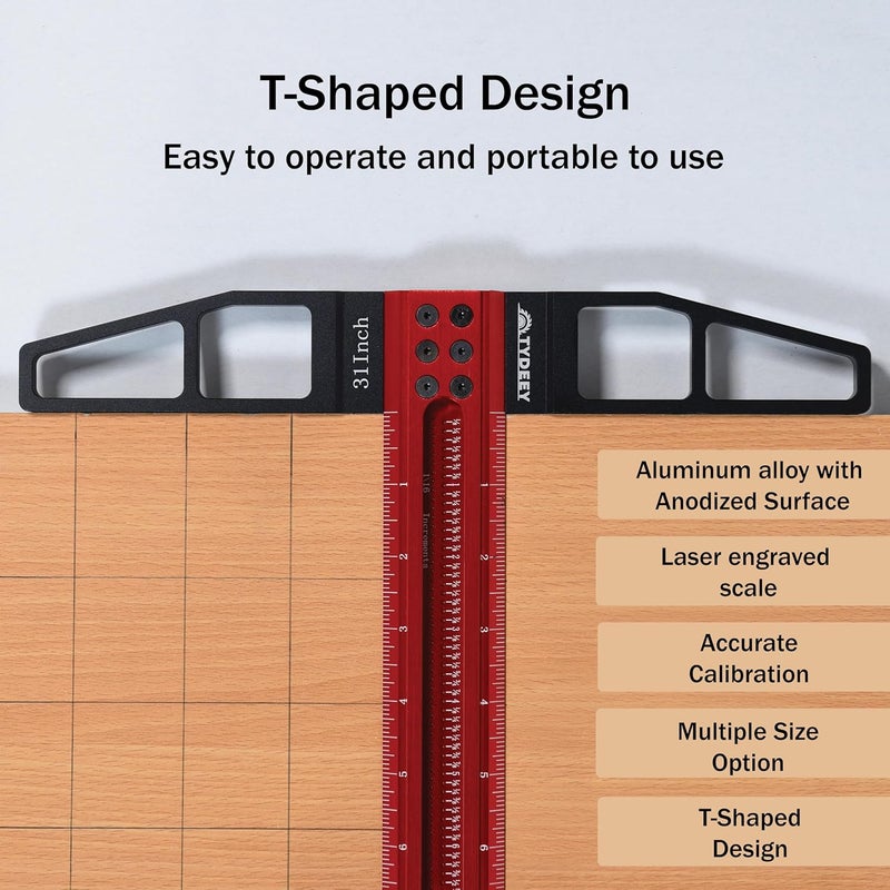 Tydeey 12, 24, 31, 39 in Precision Ruler Square T-Shaped Woodworking Scriber Measuring Tool, Aluminum Alloy Architect Ruler for Carpenter Work, T Type Wood Layout and Measuring Tools (31 inch) - Image 4